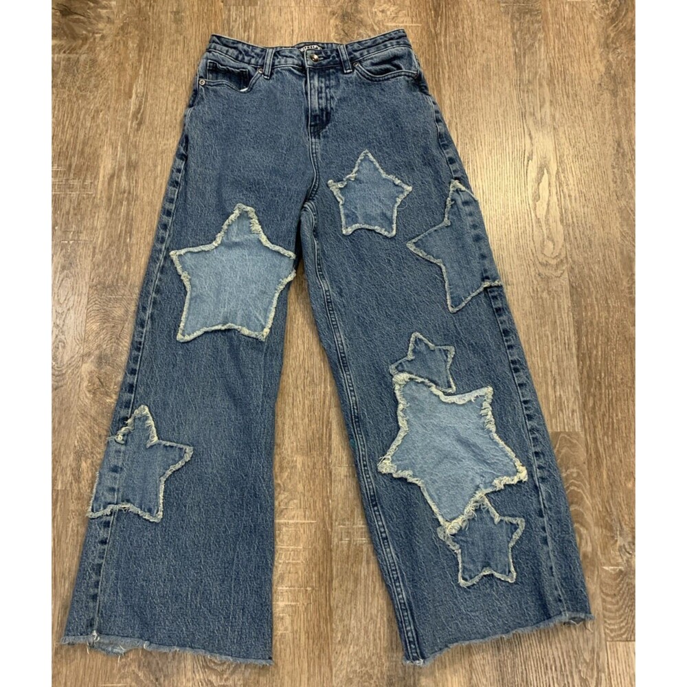 Hot Topic Baggy Jeans Women's 3 Wide Leg Straight High Rise Star Applique Y2K*Z